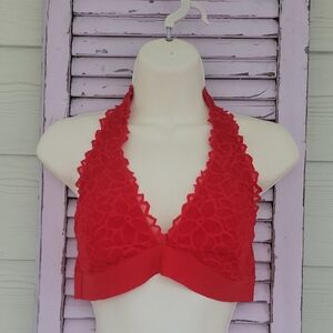 💗 PINK Victoria's Secret Halter Style Slip On Wireless Lace Bralette Red L